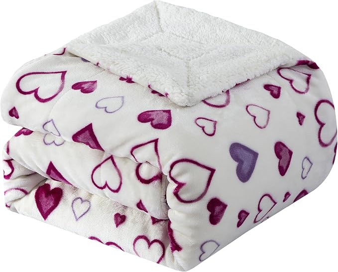 Elegant Comfort Luxury Valentine’s Day Sherpa Throw Blanket Ultra-Soft Cozy Velvet Pink Hearts Fleece Throw - Micromink Sherpa for Her, Wife, Girlfriend, Sherpa Reversible Blanket- Mia
