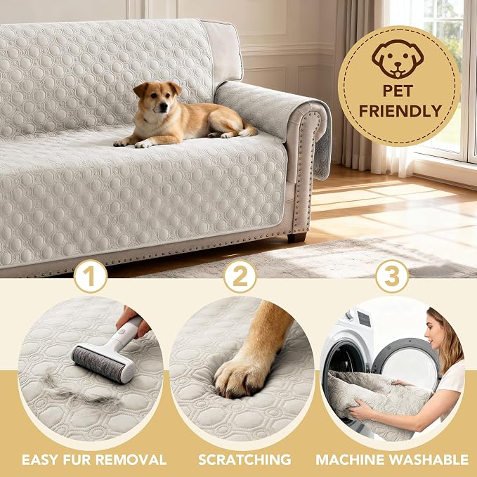 H.VERSAILTEX 100% Waterproof Sofa Cover 2 Cushion Couch Thick Durable Couch Covers for Dogs Triple Non-Slip Furniture Protector Cover with Elastic Straps for Pet Cat(Loveseat, French Oak)