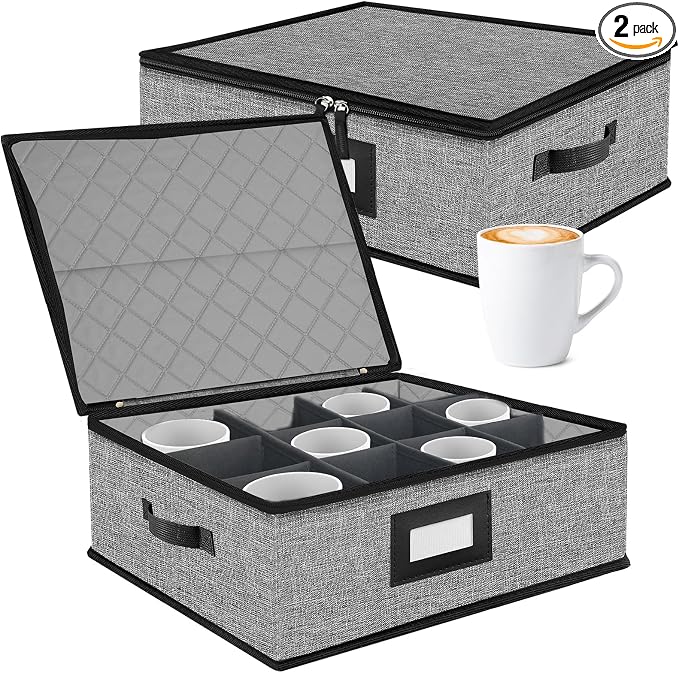 2PACK Quilted Mug Cup Storage Box,China Storage Containers | Cup Storage Containers Hard Shell with Lid for Moving Transport,Kichen Dinnerware Storage