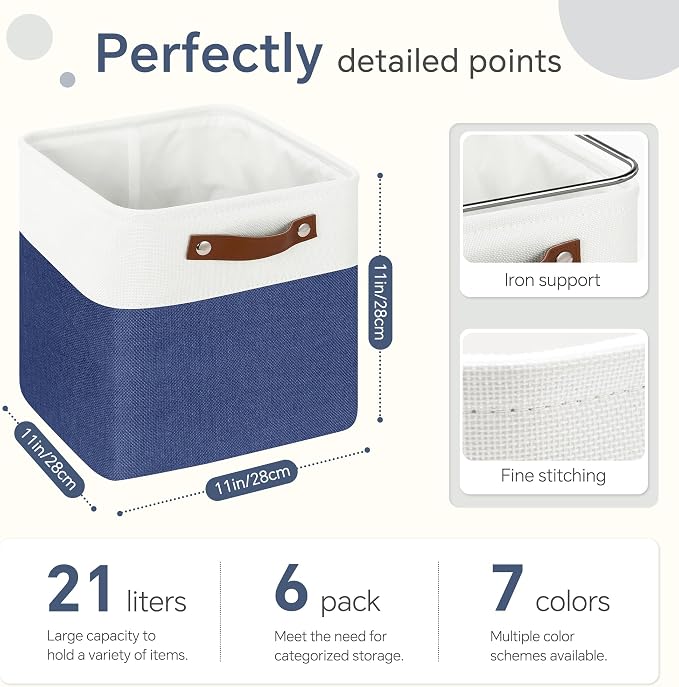 FinishingBo 11 inch Cube Storage Bin 6 Pack, Cube Organizer Bins | Fabric Storage Bins With Handles, 11x11 Storage Cubes, Shelf Basket, White/ Blue