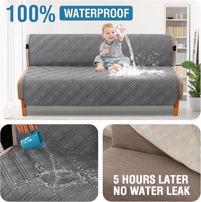 H.VERSAILTEX 100% Waterproof Futon Cover Reversible Futon Slipcover Armless Sofa Slipcover Furniture Protector Seat Width Up to 70" Washable with Adjustable Elastic Strap Anti-Slip, Grey/Beige