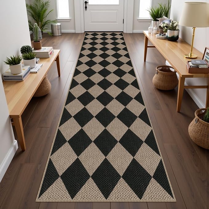 Rugalia Easy Jute Checkered Runner Rug, 2.6x10 Black Modern Washable Rugs Runner for Hallway Non-Slip Kitchen Runner Rug, Geometric Diamond Indoor Outdoor Carpet for Porch Laundry Entryway