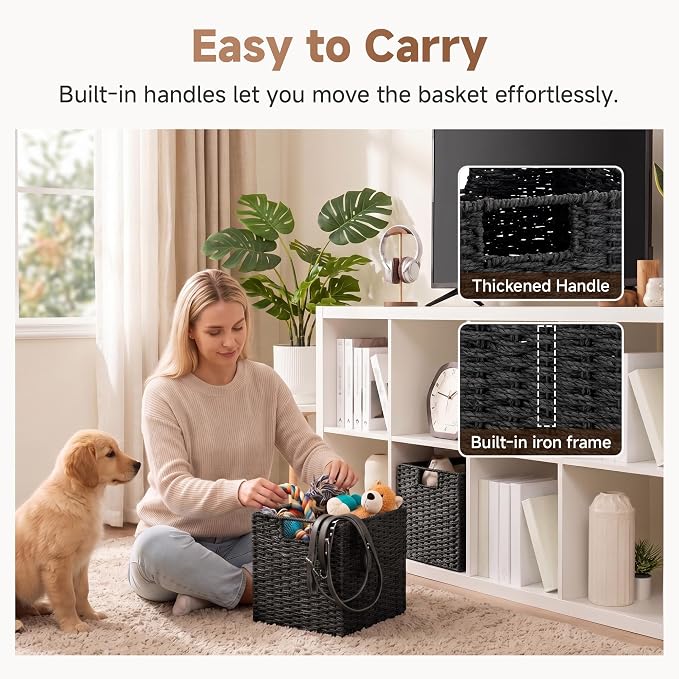 StorageWorks 11 inch Cube Storage Bins,Foldable Wicker Baskets,Black | 2-Pack,Handwoven Storage Cubes with Handles,Paper Rope Baskets for Organizing,Cube Organizer Bins,11x11 Cube Storage Bins
