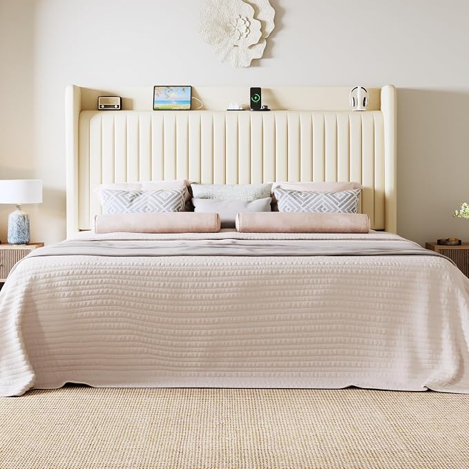 Allewie Full Size Platform Bed Frame with USB Charging Station and Storage Shelf/Upholstered Velvet Wingback Headboard/Wooden Slats Support/No Box Spring Needed/Easy Assembly, Cream