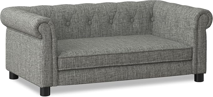 38.9" Upholstery Elevated Dog Sofa with Button‑Tufted Backrest & Rolled Armrests, Pet Couch Bed with Removable Soft Cushion, Comfy Modern Deep Seat Raised Dog Bed for Living Room, Bedroom, Light Grey