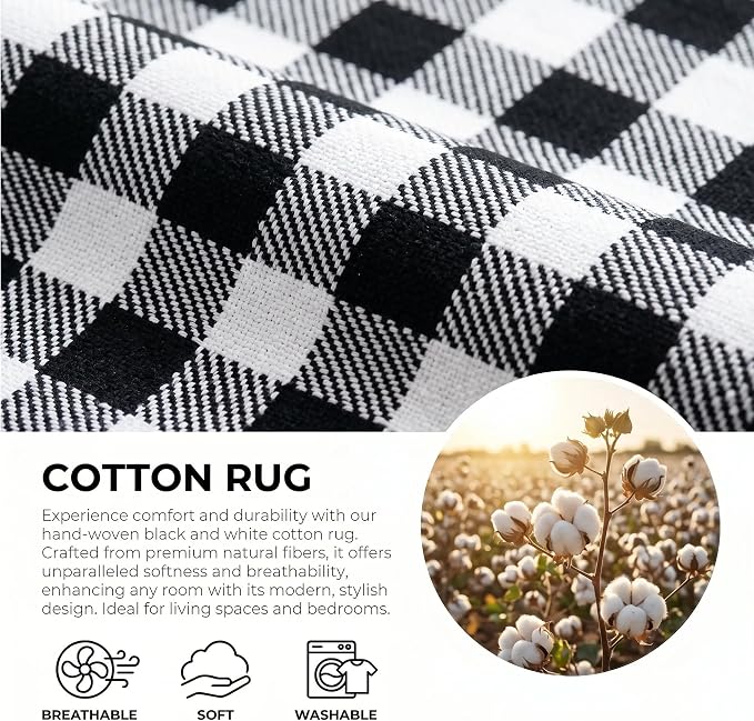 Black and White Buffalo Plaid Rug 3'x5', Machine Washable Layering Mat for Front Door, Entryway, Kitchen, Indoor Outdoor Low Profile Cotton Woven Check Rug