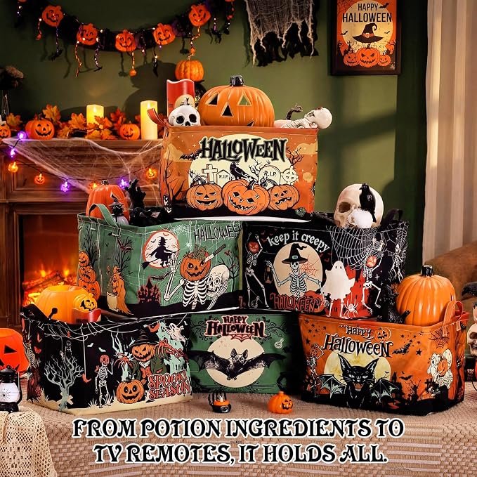 Bucherry 6 Pack Vintage Halloween Storage Basket Spooky Gifts Canvas Bins | Collapsible with Handles, Skull Bat Ghost Pumpkin Witch Designs, Gift Basket, Canvas Organizer for Home Office Closet Shelf