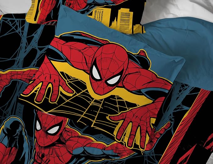 Jay Franco Kids Comforter Set Includes Sheets and Pillow Covers - Soft and Cozy Bed Set for Stylish Room Decor, Official Licensed Bedding, Black - Spiderman, 7 Piece Queen