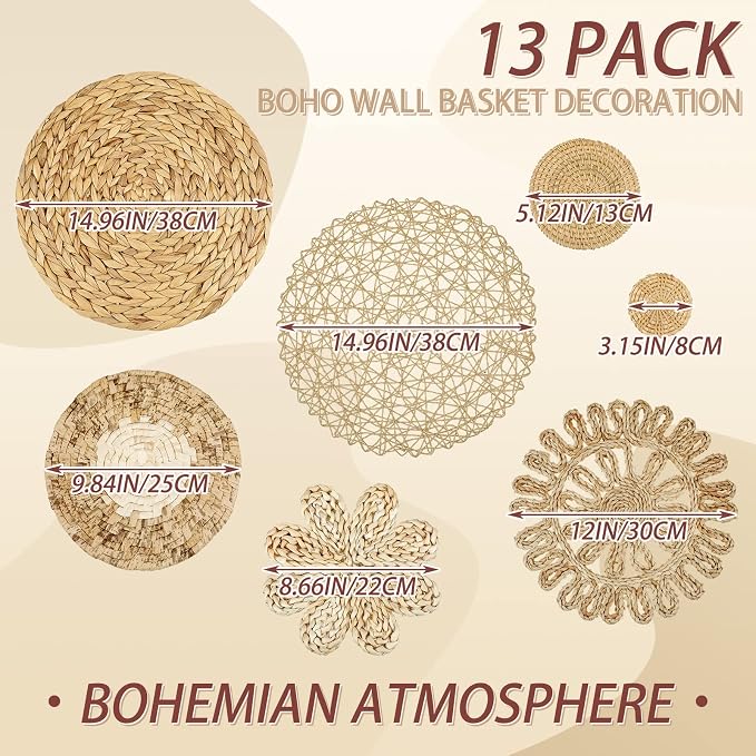 Glenmal 13 Pcs Boho Wall Basket Decor Set Woven Rattan Seagrass,Plain