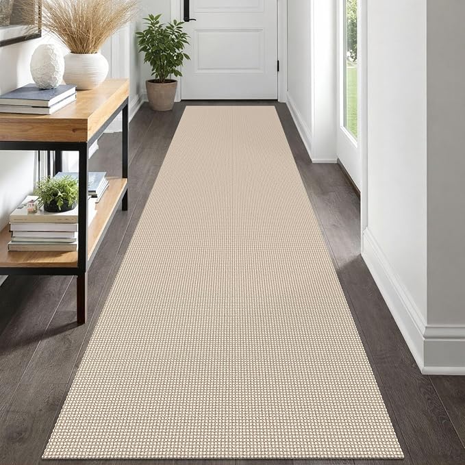 IOHOUZE Washable Runner Rug 2.6x12 Non Slip Rubber Backed Extra Long Hallway Runner Entryway Runner Indoor, Kitchen Rugs Woven Cotton Floor Carpet for Hall Entrance, Cream/Beige