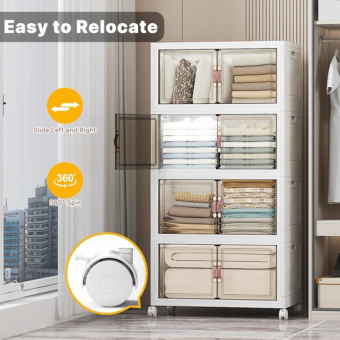 UAMFURI Stackable Storage Bins, 448QT Collapsible Drawers with Lid & Wheels | Large Capacity, Magnetic Door, Stack Lock, Rolling Casters, Foldable Design, Organizers and Storage for Bedroom Dorm Garage