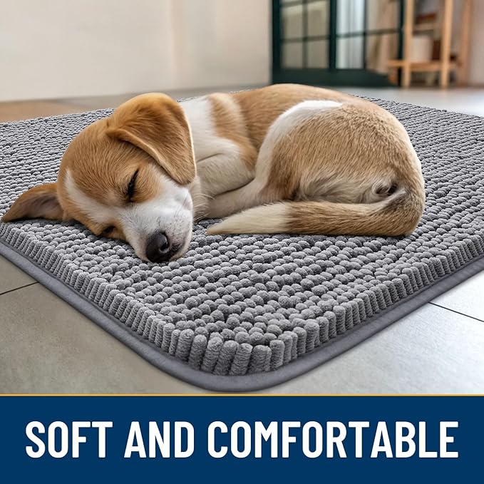 Smiry Dog Door Mat for Muddy Paws 36x24, Absorbent Dirt Trapper, Non-Slip Washable Chenille Entryway Rug for Inside Floor, Grey, Classic Solid