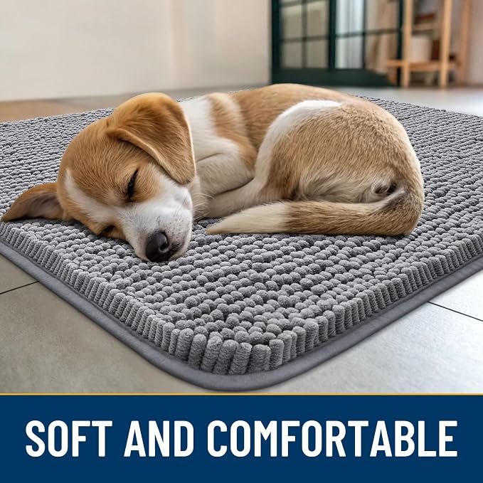 Smiry Dog Door Mat for Muddy Paws 30x17, Absorbent Dirt Trapper, Non-Slip Washable Chenille Entryway Rug for Inside Floor, Grey, Classic Solid