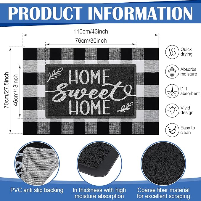 Geelin 2 Pcs 30'' x 18'' Doormat 43'' x 27.5'' Black and White Layered Rug for Front Door Mat Outside Entrance Welcome Door Mats for Indoor Outdoor Entryway Porch Decor(Home Sweet Home)