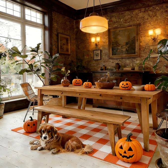 Halloween Orange and White Buffalo Plaid Rug,3'x5' Indoor Outdoor Washable Rug, Spooky Accent Mat for Halloween Indoor Outdoor Decor, Porch, Living Room, Entryway, Patio