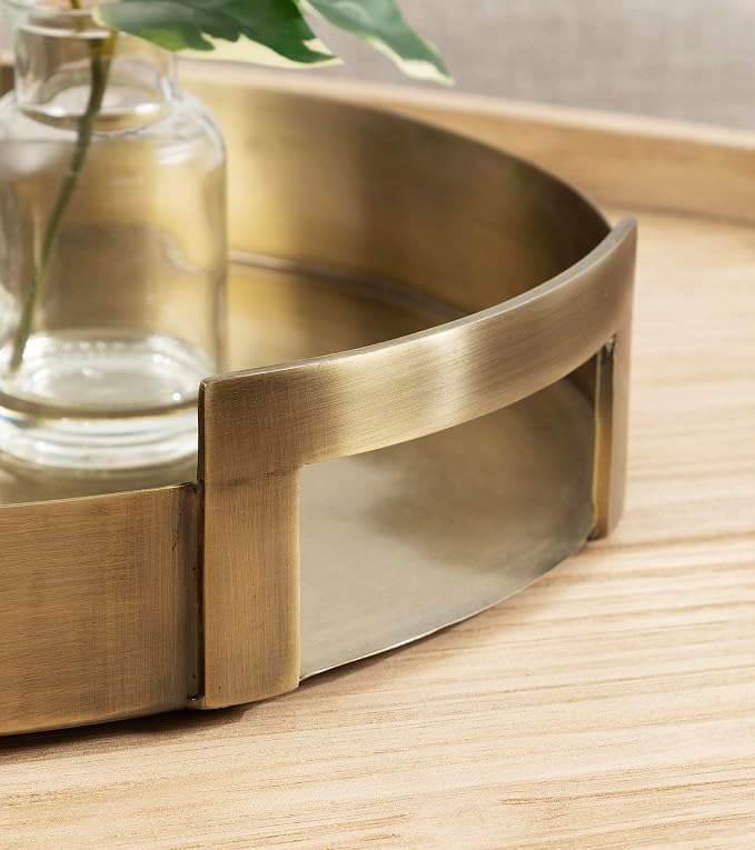 Kate and Laurel Myo Transitional Metal Round Tray; 15 x 15; Brass; Modern Glam Circular Decorative Serving Tray with Handles for Storage; Display; and Decor