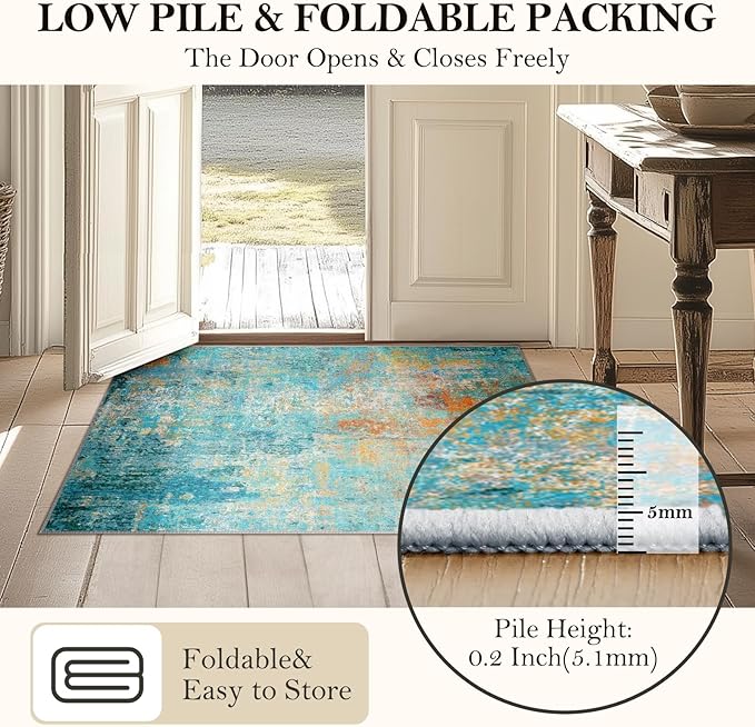 Washable Area Rugs 5'x7' Non-Slip Modern Abstract Soft for Living Room Entryway Bedroom Nursery, Print Pattern, Teal Blue Green Orange Rust Red Coloreful