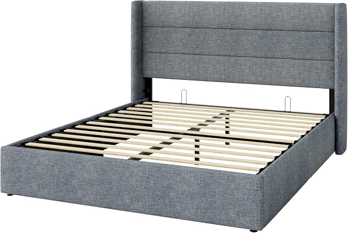 Allewie Queen Size Lift Up Hydraulic Storage Bed Frame Blue Grey | Modern Wingback Headboard, Hydraulic Support Storage, No Box Spring Needed