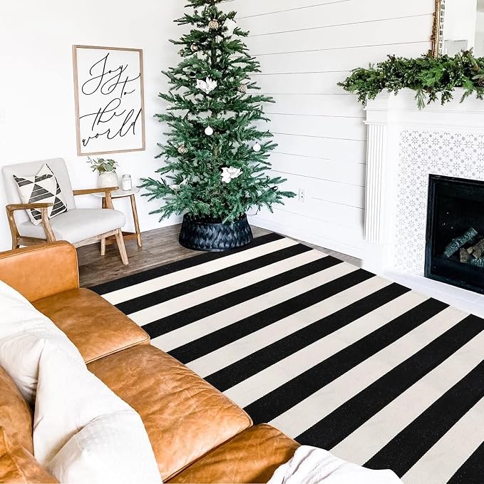 LEEVAN Black and White Outdoor Rug 4x6, Cotton Washable Outdoor Patio Rug, Black Striped Reversible Rug for Balcony Decor, Woven Entryway Rug for Layered Door Mats Porch/Front Door