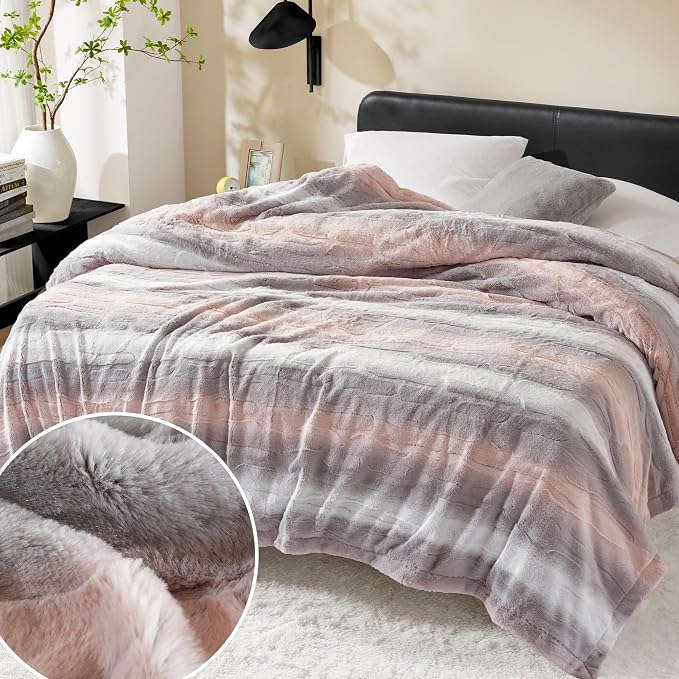 Madison Park Zuri Ultra Soft Faux Fur Twin Blanket Reversible, Blush/Grey | All Season, Ultra Soft, Breathable Fabric for Bed or Couch, Lightweight, Plush, OEKO-TEX Certified