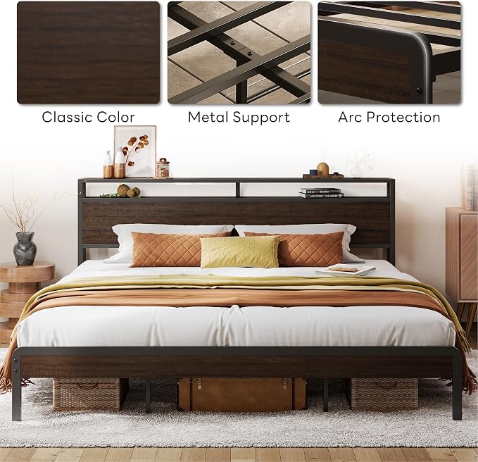 LIKIMIO King Size Bed Frame with 2-Tier Storage Shelf Headboard | Dark Wood Platform Bed, Camas King with Strong Metal Supports, Sturdy, Noise-Free, No Box Spring Needed, Dark Brown