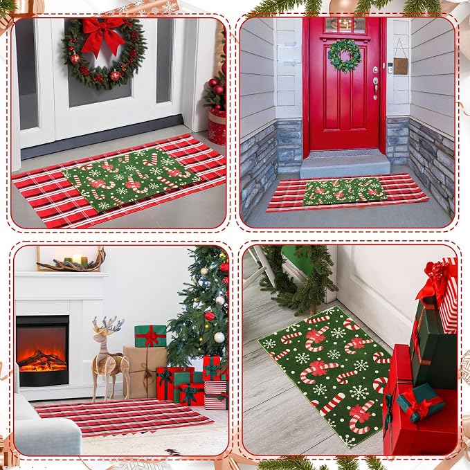 2 Pcs Outdoor Door Mat Combo Set Layered Outdoor Rug and Coir Welcome Doormat Non Slip Outside Floor Mat for Front Porch Entryway Patio Yard Decor(Candy Cane,24'' X 51',18'' X 28'')