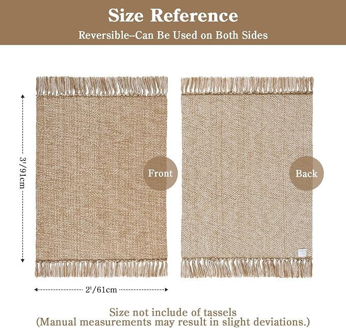 Collive Boho Bathroom Rug 2' x 3', Modern Farmhouse Rugs for Entryway Hand-Woven Washable Kitchen Mat, Tan Low Profile Front Door Mat Reversible Porch Carpet for Laundry Bedroom Decor