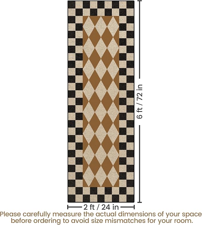 Washable Checkered Easy Jute Runner Rug 2x6, Brown Black Checkerboard Boho Geometric Outdoor Indoor Patio Rug, Woven Non Slip Thin Neutral Long Runner Carpet for Hallway Kitchen Entryway Porch