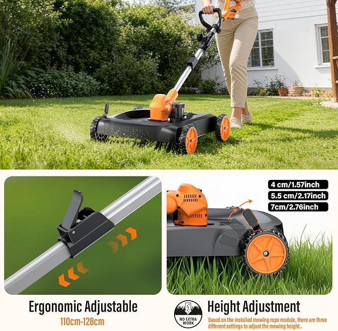18.9" Cordless Lawn Mower, String Trimmer & Wheeled Edger 3-in-1 Combo, Brushless 2 * 4.0Ah Batteries, 3 Blades, Adjustable Height & Angle Electric Weed Eater and Lawnmower