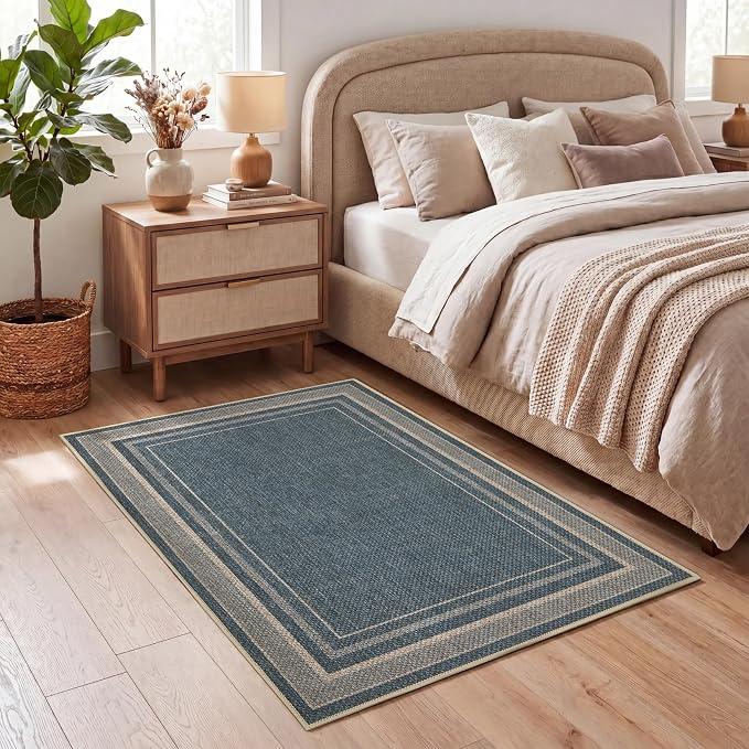 GarveeHome 2x3 Small Easy Jute Area Rugs Washable Neutral Door Mat | Indoor Non Slip Living Room Throw Carpet Stain Resistant Modern Solid Bedroom Rugs for Entryway Nursery Kitchen Dorm, Blue