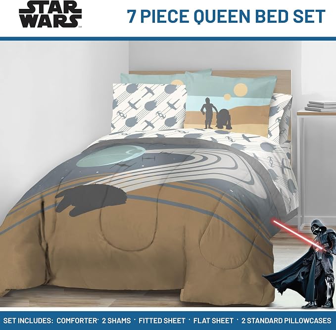 Star Wars Queen Comforter Set 7 Piece Soft Bedding for Boys, Multi | Bed in a Bag, Comforter Sheets Shams Pillowcases, Official Product, Soft Microfiber, Machine Washable, Boys Gift