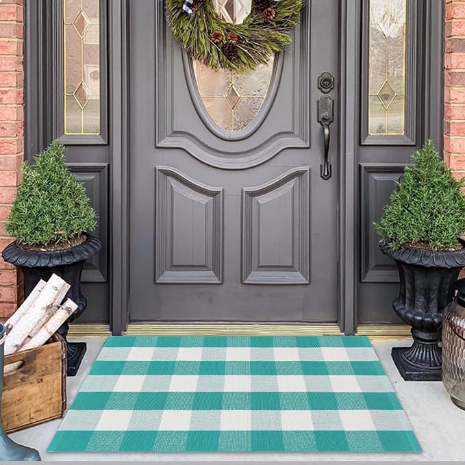Spring Rugs Green and White Plaid, 28” x 43” Area Rug Outdoor Indoor Easter Front Porch Door Mats Cotton Hand-Woven Layered Doormat for Entryway Patio Entryway Laundry Bedroom Living Room