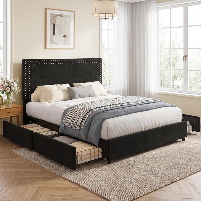 VECELO Queen Size Upholstered Bed Frame with 4 Storage Drawers, Adjustable Velvet Rivet Decor Headboard, Wooden Slats Platform Support, No Box Spring Needed, Easy Assembly,Black