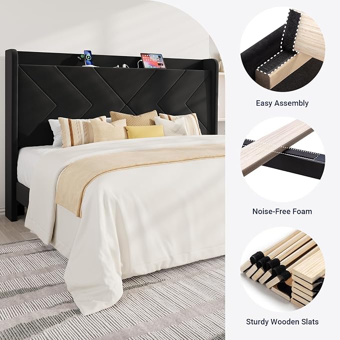 Allewie King Size Platform Bed Frame with Charging Station and Storage Shelf/Upholstered Velvet Wingback Headboard/Wooden Slats Support/No Box Spring Needed/Easy Assembly, Black