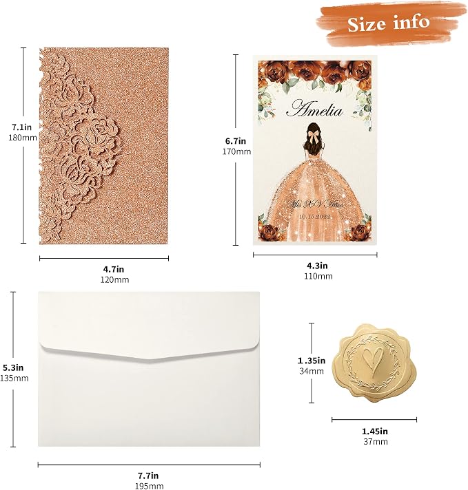 DORIS HOME 50Pcs Personalized Laser Cut Quinceanera Invitations, Terracotta | 4.7"x7.1", Customized Quince Invitations, For 15th Birthday, Sweet 16, With Envelopes