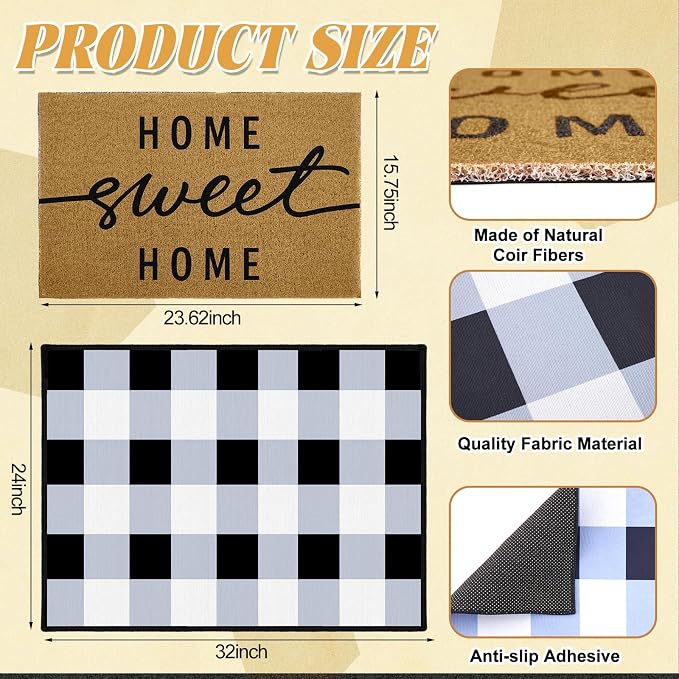 Home Sweet Home Welcome Doormat Set, 2 Pack Layering Entry Rugs with Coir Loop Printed Mat and Buffalo Plaid Crystal Velvet Under Rug Home Sweet Front Door Doormat for Farmhouse Entryway Decor