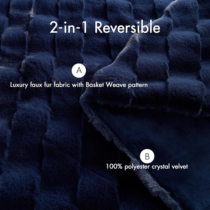 Madison Park Vivienne Faux Fur Throw Blanket Velvet, 50 x 60, Navy | All Season, Cozy Warmth for Sofa or Bed, Reversible, Lightweight, OEKO-TEX Certified