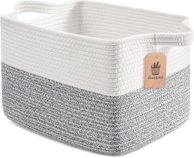 Goodpick Cotton Rope Small Laundry Basket, 13" x 10" x 9", Gray & White | Decorative Storage Basket for Clothes, Towels & Shoes, Closet & Shelf Organization, Reinforced Woven Handles