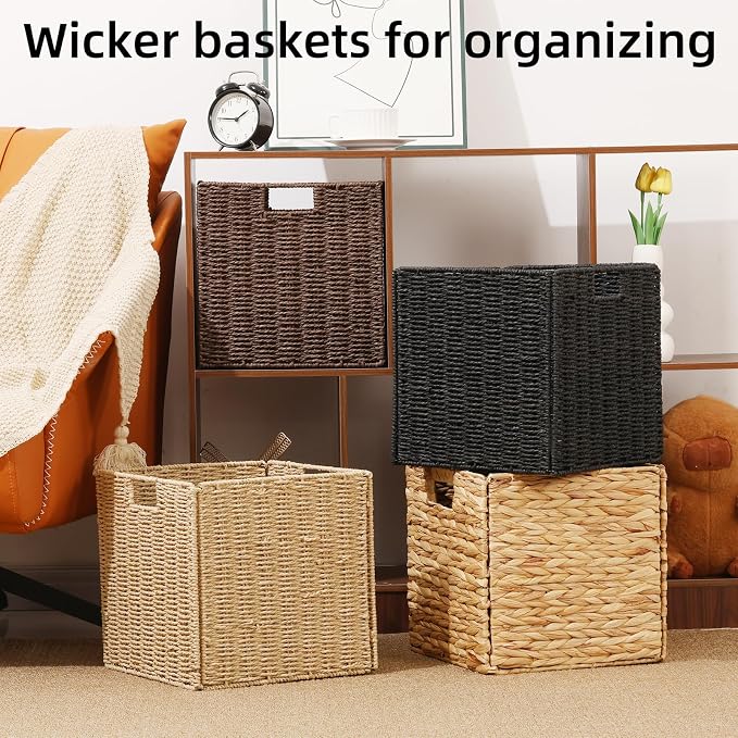 Water Hyacinth Storage Basket, Set of 2 Hand-Woven Wicker Baskets, Foldable Cube Storage Bins, Wicker Cube Laundry Organizer, Square Baskets for Organizing Shelves Decor, 12x12x12in
