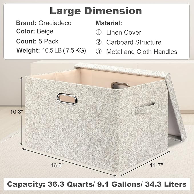 Storage Bins with Lids Fabric Closet Organizers Cubes Office Organization | 36 Quart 5 Pack Beige Collapsible Stackable Linen Fabric 4 Handles Bedroom Closet Cabinet Under Bed Clothes Toy Office File
