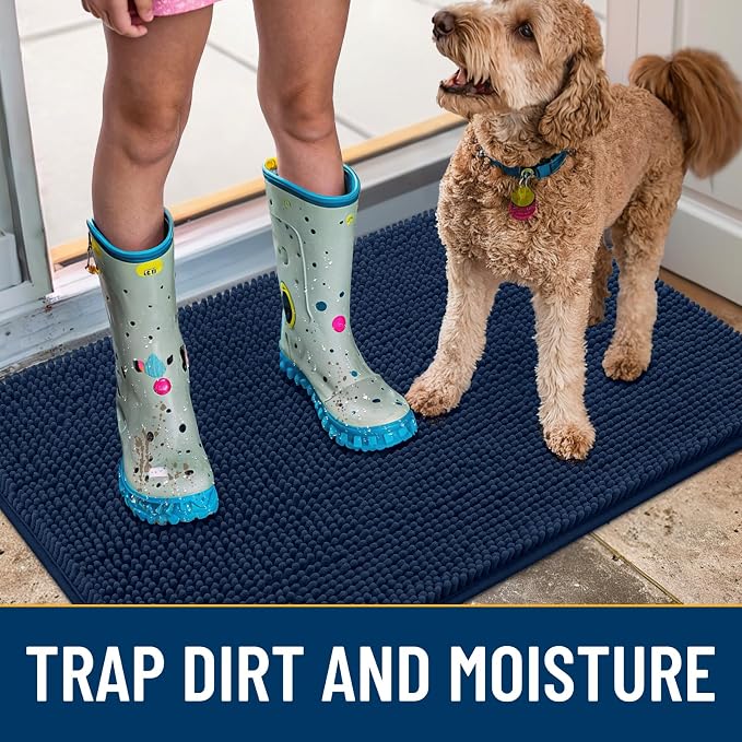 Smiry Dog Door Mat for Muddy Paws 44x32, Absorbent Dirt Trapper, Non-Slip Washable Chenille Entryway Rug for Inside Floor, Dark Blue, Classic Solid