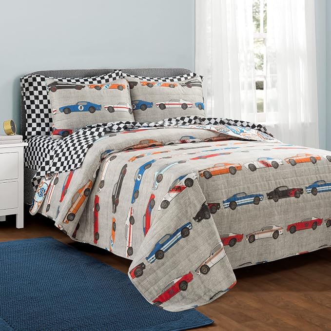 Lush Decor Race Car Kids' 7-Piece Oversized Quilt Bed Set, Reversible Bedding Set for Boys, Blue & Orange, Full/Queen