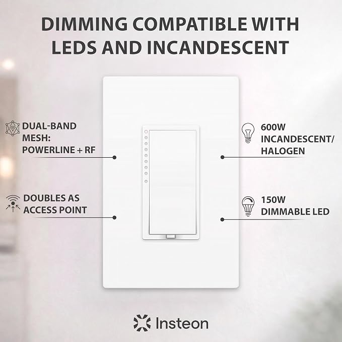Insteon Smart Dimmer Wall Switch, 600W, 2477D (White) - Needs Neutral Wire - Requires Insteon Hub for Voice Control with Amazon Alexa and Google Assistant