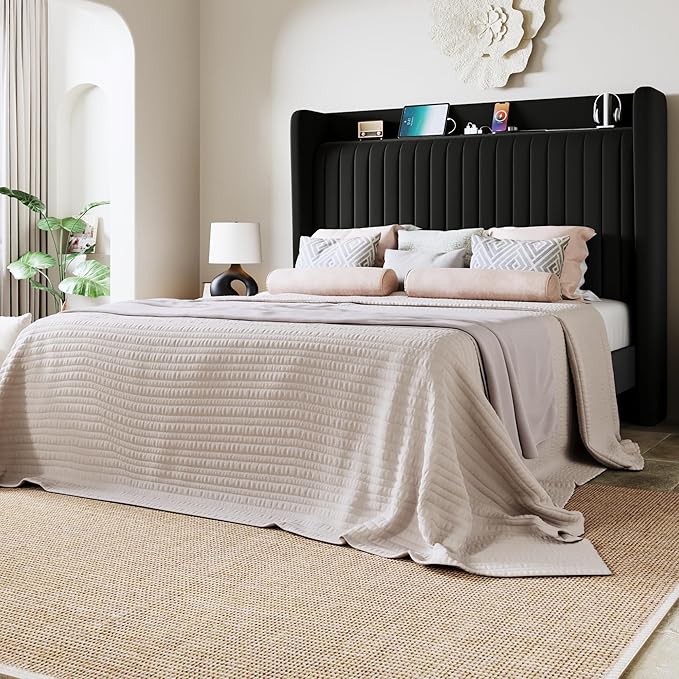 Allewie Full Size Platform Bed Frame with USB Charging Station and Storage Shelf/Upholstered Velvet Wingback Headboard/Wooden Slats Support/No Box Spring Needed/Easy Assembly, Black