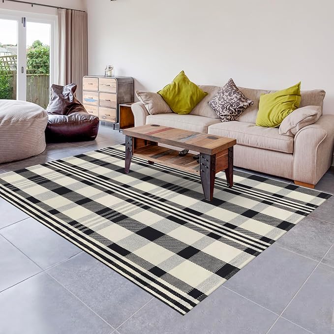 Buffalo Plaid Outdoor Rug 4x6 Cotton Woven Rug Black and Off White Checkered Rug Front Porch Decor Washable Indoor Outdoor Area Rug for Living Room Bedroom Dining Room Patio Farmhouse Carpet