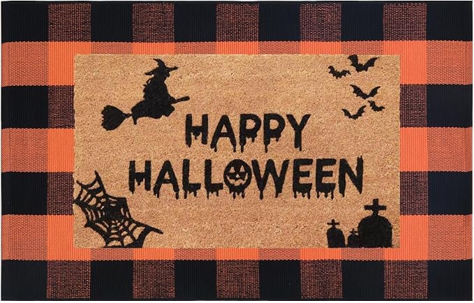 Halloween Decor Doormat Combo Set, 100% Coco Coir Welcome Mat + 28 x 43 Inches Orange and Black Plaid Rug - Halloween Fall Front Porch Entryway Decor Floor Mat, Outdoor Autumn Mats Happy Halloween