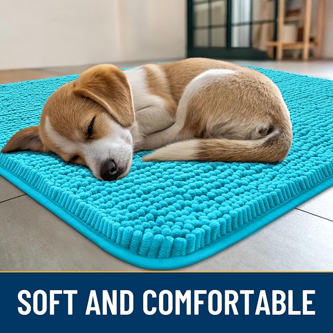 Smiry Dog Door Mat for Muddy Paws 59x32, Absorbent Dirt Trapper, Non-Slip Washable Chenille Entryway Rug for Inside Floor, Aqua Blue, Classic Solid