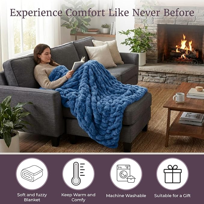 Lavish Home Oversized Ruched Faux Fur Blanket, Blue, 60” x 80” | Plush Polyester Faux Fur Queen-Size Throw for Sofas and Beds - Luxurious Bedding