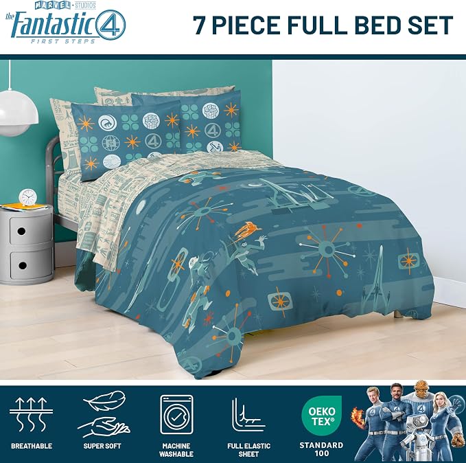 Marvel Fantastic Four Full Size Comforter Set 7 Piece Bedding, Blue | Superhero, Bed in a Bag, Comforter Sheets Shams Pillowcases, Official Product, Soft Microfiber, Machine Washable, Kids Gift