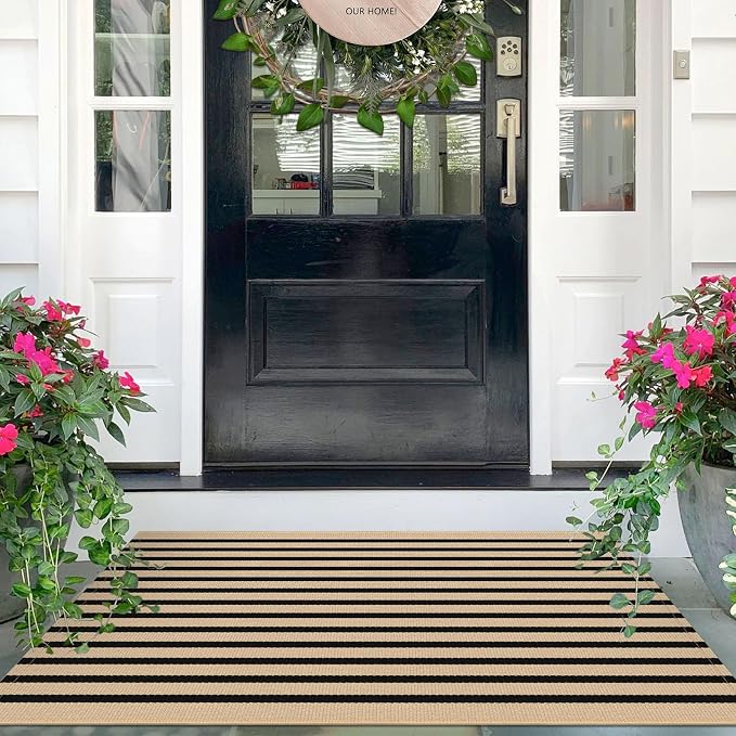 IOHOUZE Striped Area Rug 2.3'x3.6' Front Door Rugs Small Washable Area Rug for Front Porch, Spring Summer Welcome Door Mats Outdoor Indoor, Doormat for Entryway Porch Entrance, Tan/Black